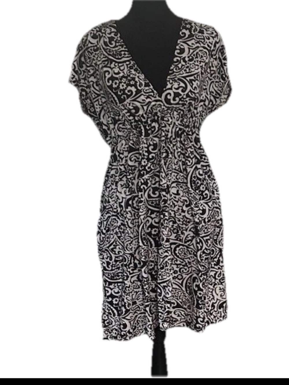 Faded Glory Black White Floral V-Neck Short Sleeve Knee Knit Dress S Stretch